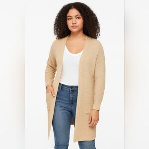 Ye Mak Open Knit Cardigan Sweater M/L Beige Roll Tab Sleeves Pockets